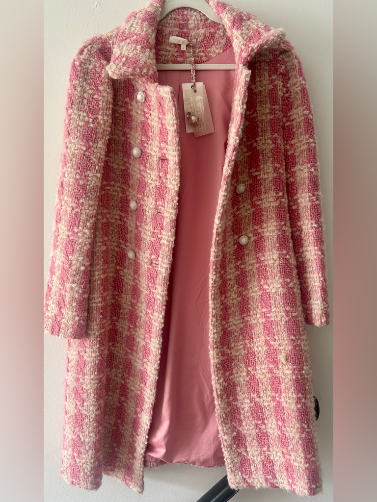 Loveshackfancy Pink And Cream Tweed Coat With Pearl Buttons